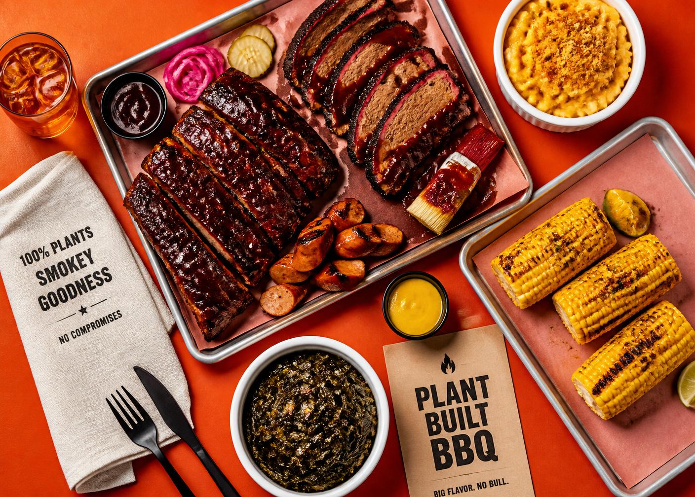 Overhead tray of plant-based ribs, brisket-style slices, mac and cheese and grilled corn